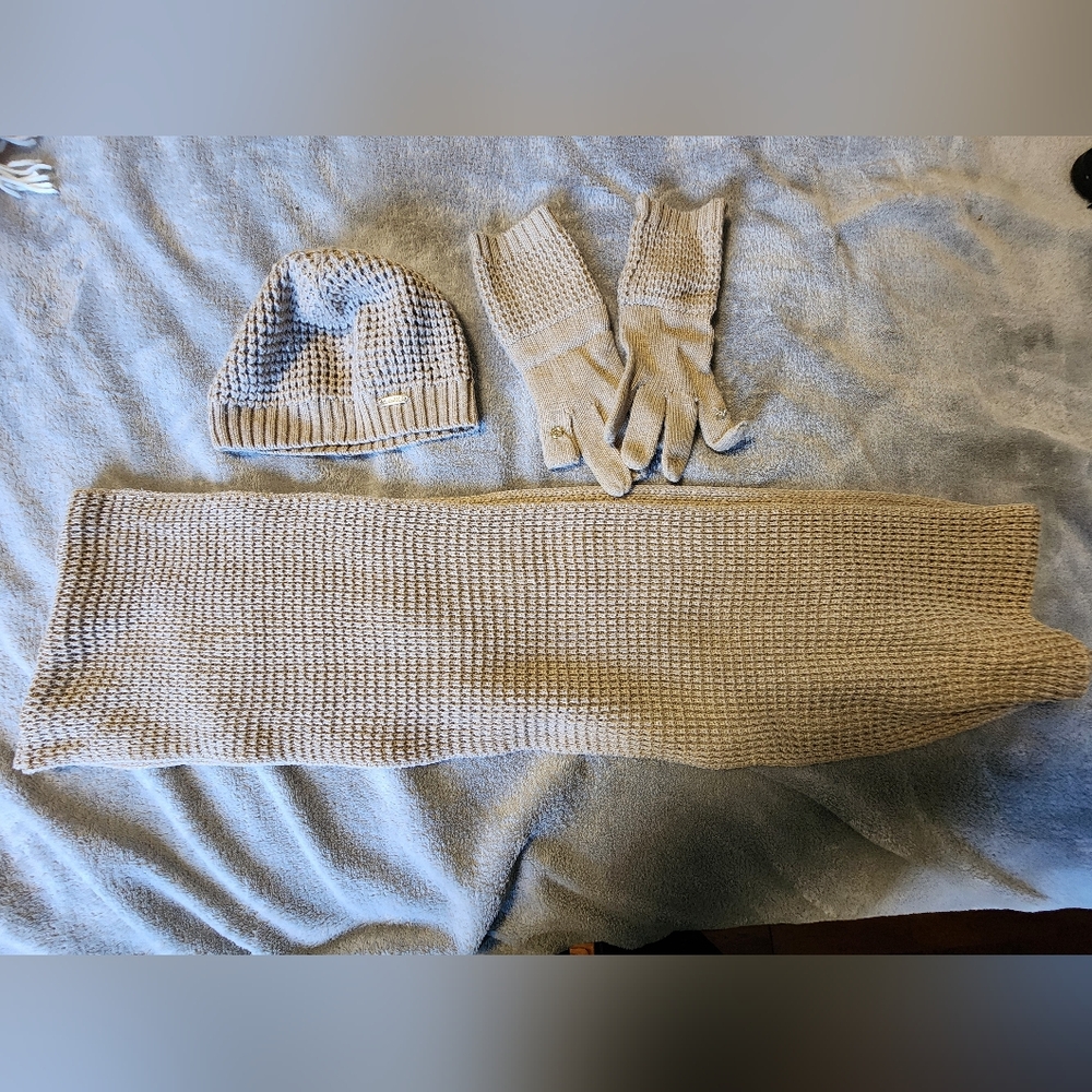 Calvin Klein Tan Knit Gloves, Hat, and Scarf Set